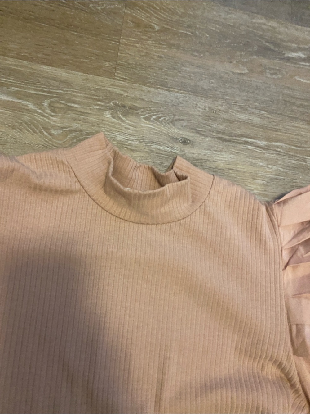 Ribbed Puff-Sleeve Mock Neck Top in Blush Pink - Picture 3 of 7